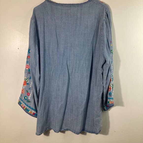 Womens Reba V Neck Chambray Embroidered Shirt XL 3/4 Sleeve Blue Orange White - Picture 2 of 10